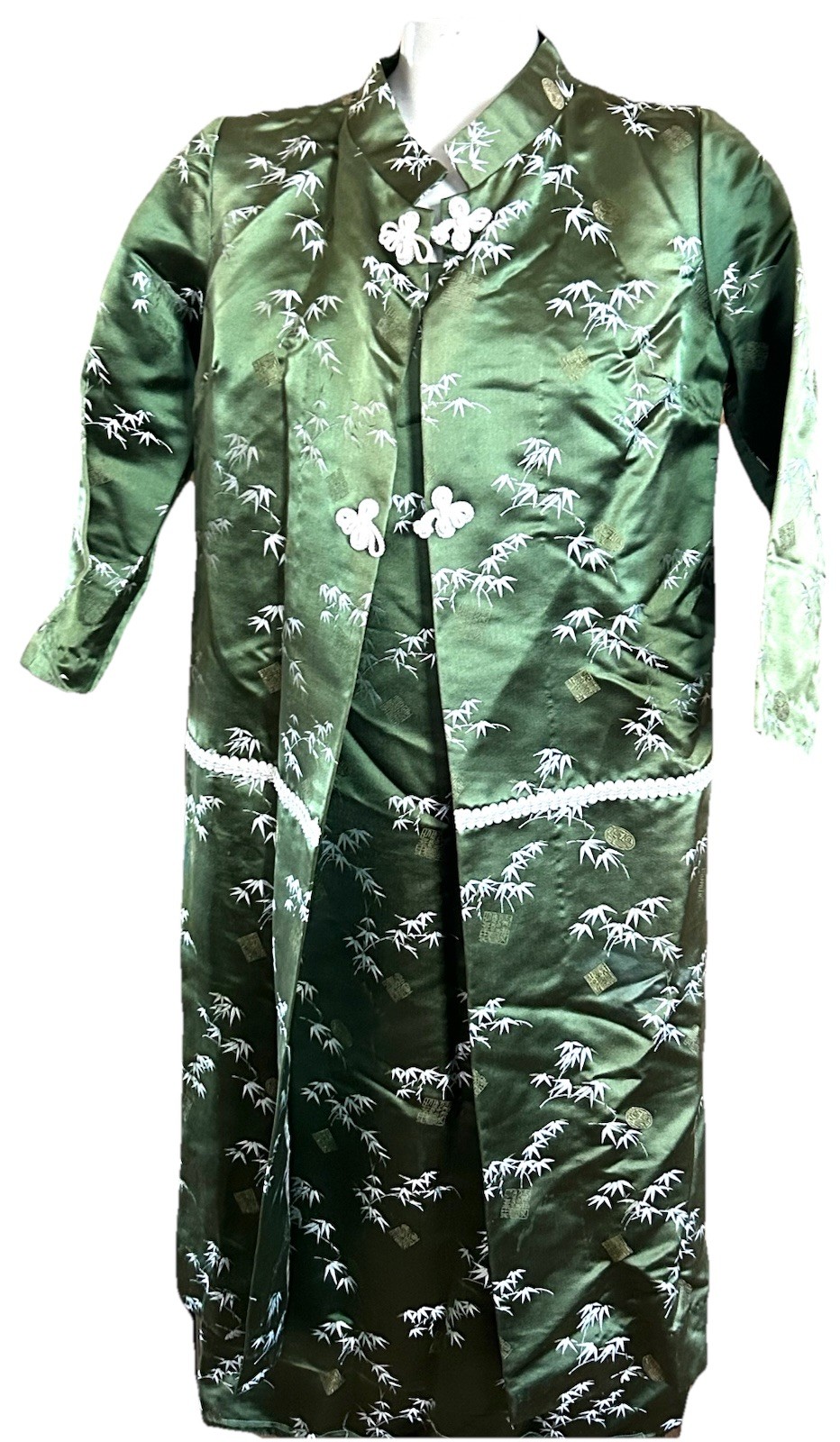 Cheongsam SHING JUNG SILK BROCADE Fabric Green Sun Dress & Coat Hong Kong S Vtg Cheongsam SHING JUNG SILK BROCADE Fabric Green Sun Dress & Coat Hong Kong S Vtg