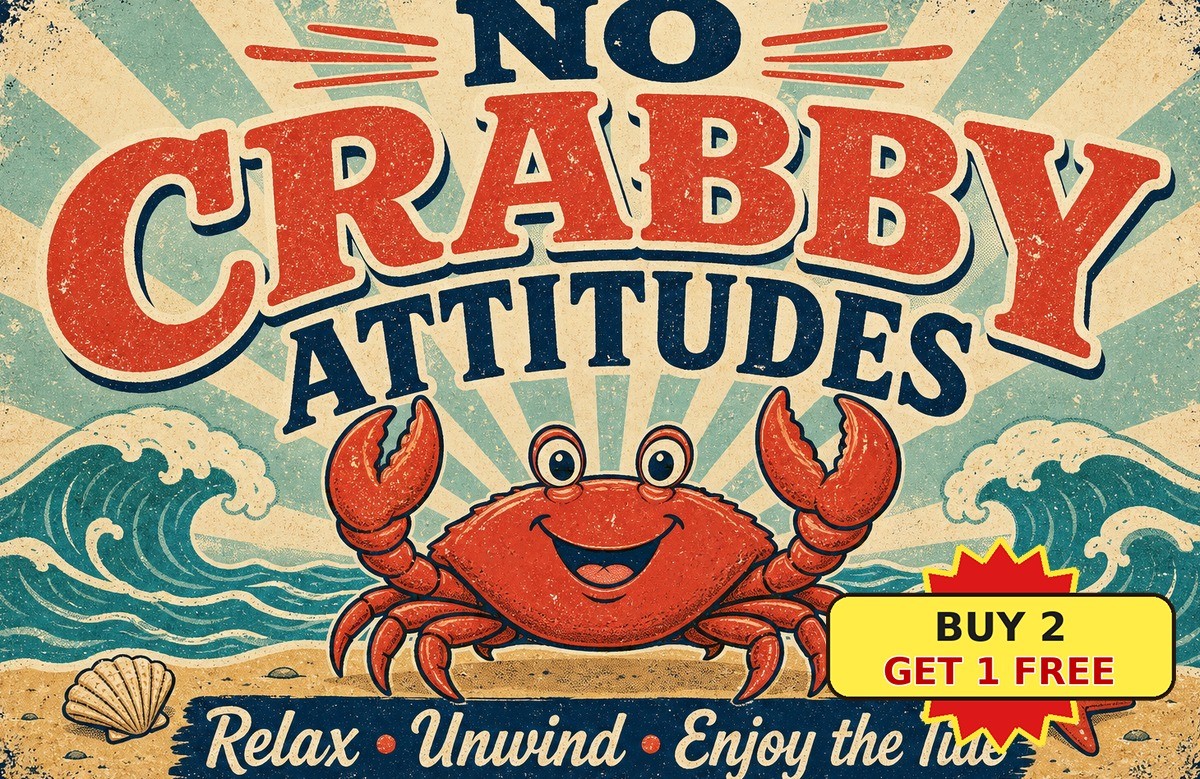 Crabby Attitudes Crab Seafood Shack Vintage Metal Tin Sign Beach House Decor