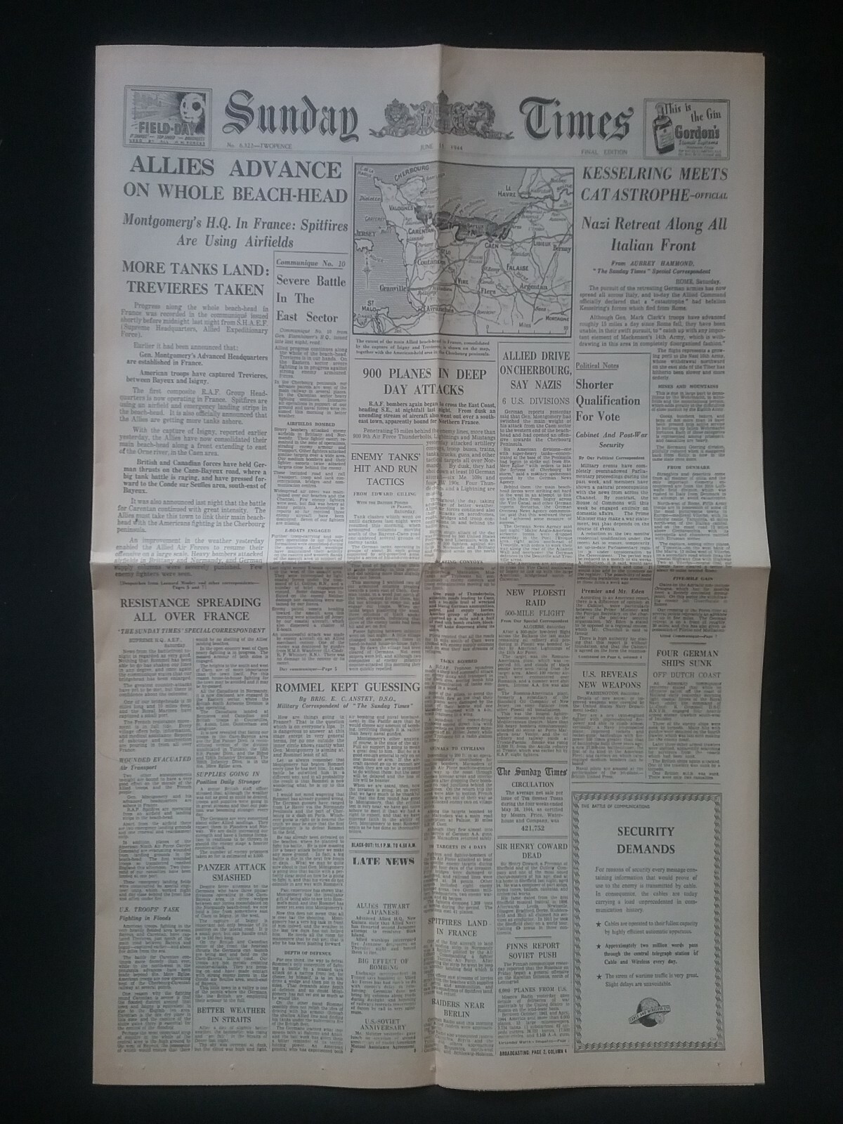 SUNDAY TIMES JUNE 11TH 1944 (4 Pages/8 Sides) WORLD WAR II 