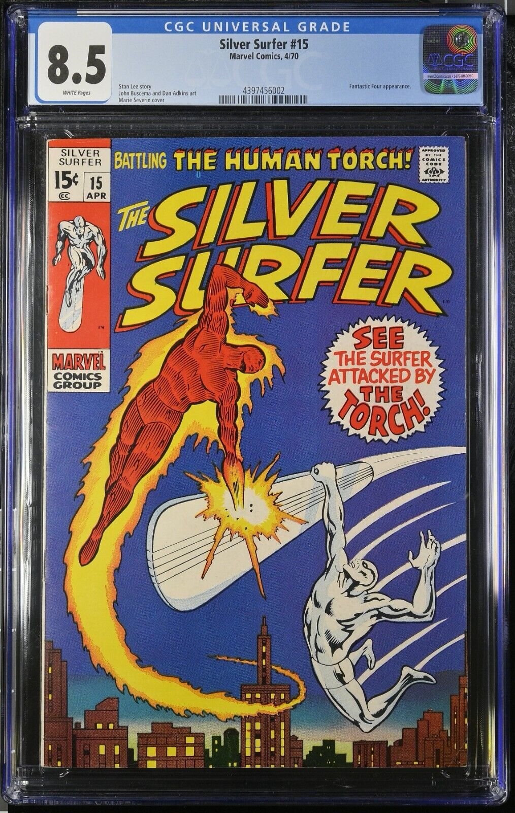 SILVER SURFER #15 (1970) CGC 8.5 WHITE HUMAN TORCH APPEARANCE MARVEL COMICS