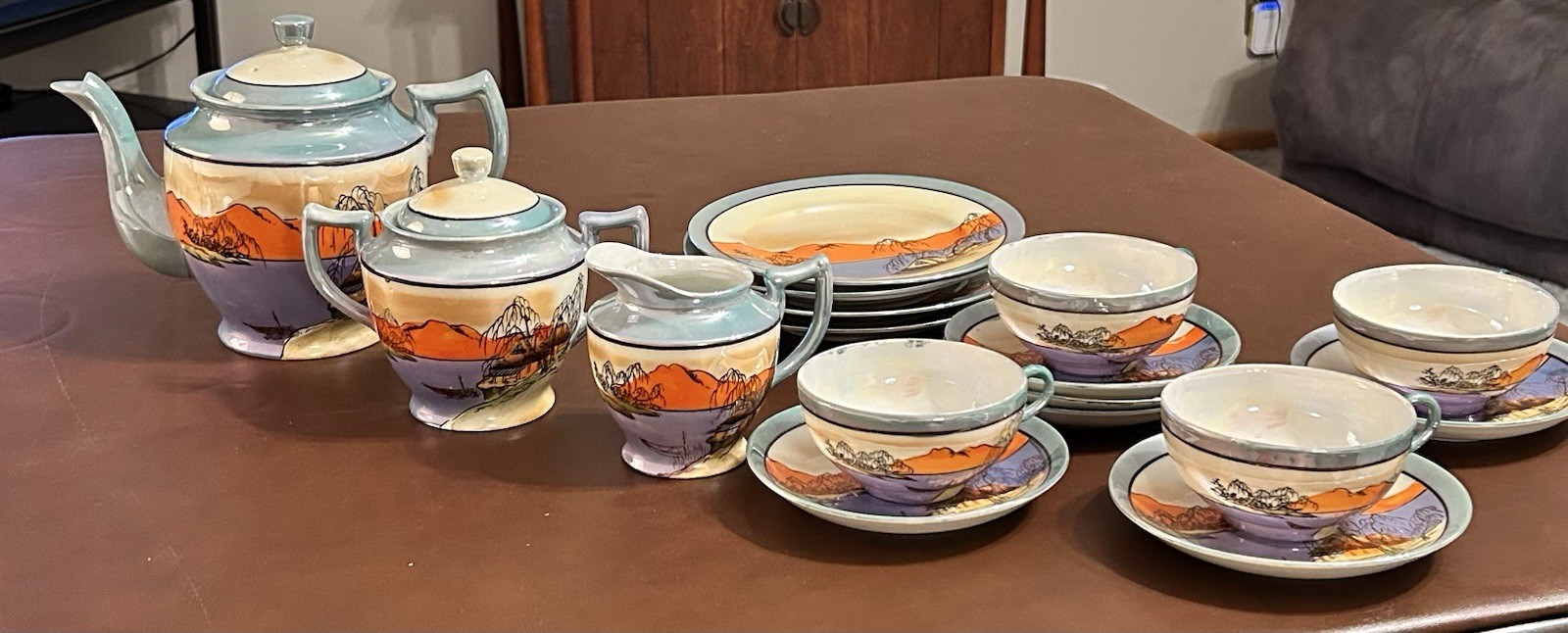 Antique Takito TT Japan Lusterware Tea Set 19 Pc Hand Painted Landscape 1930s Antique Takito TT Japan Lusterware Tea Set 19 Pc Hand Painted Landscape 1930s