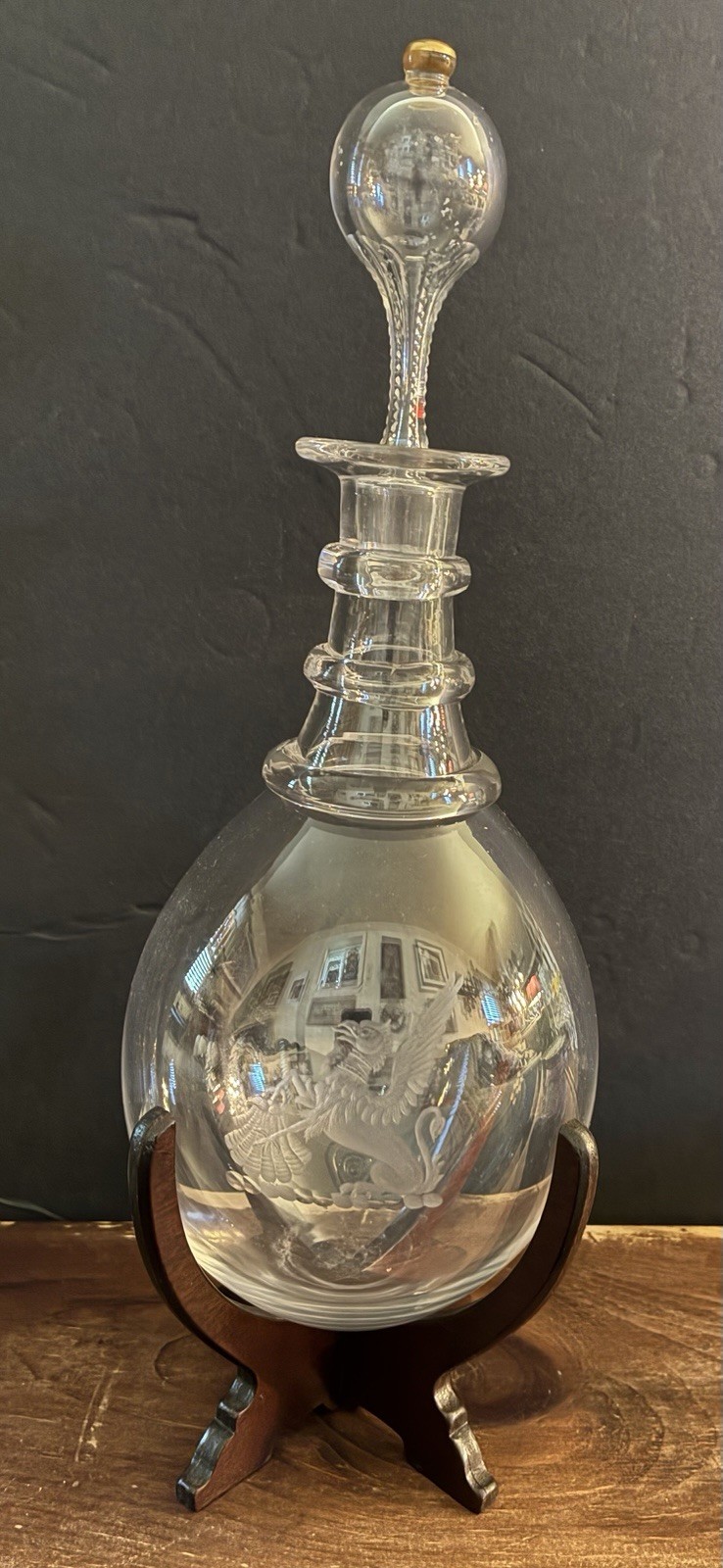 Large Antique Etched Crystal Decanter 14.5\