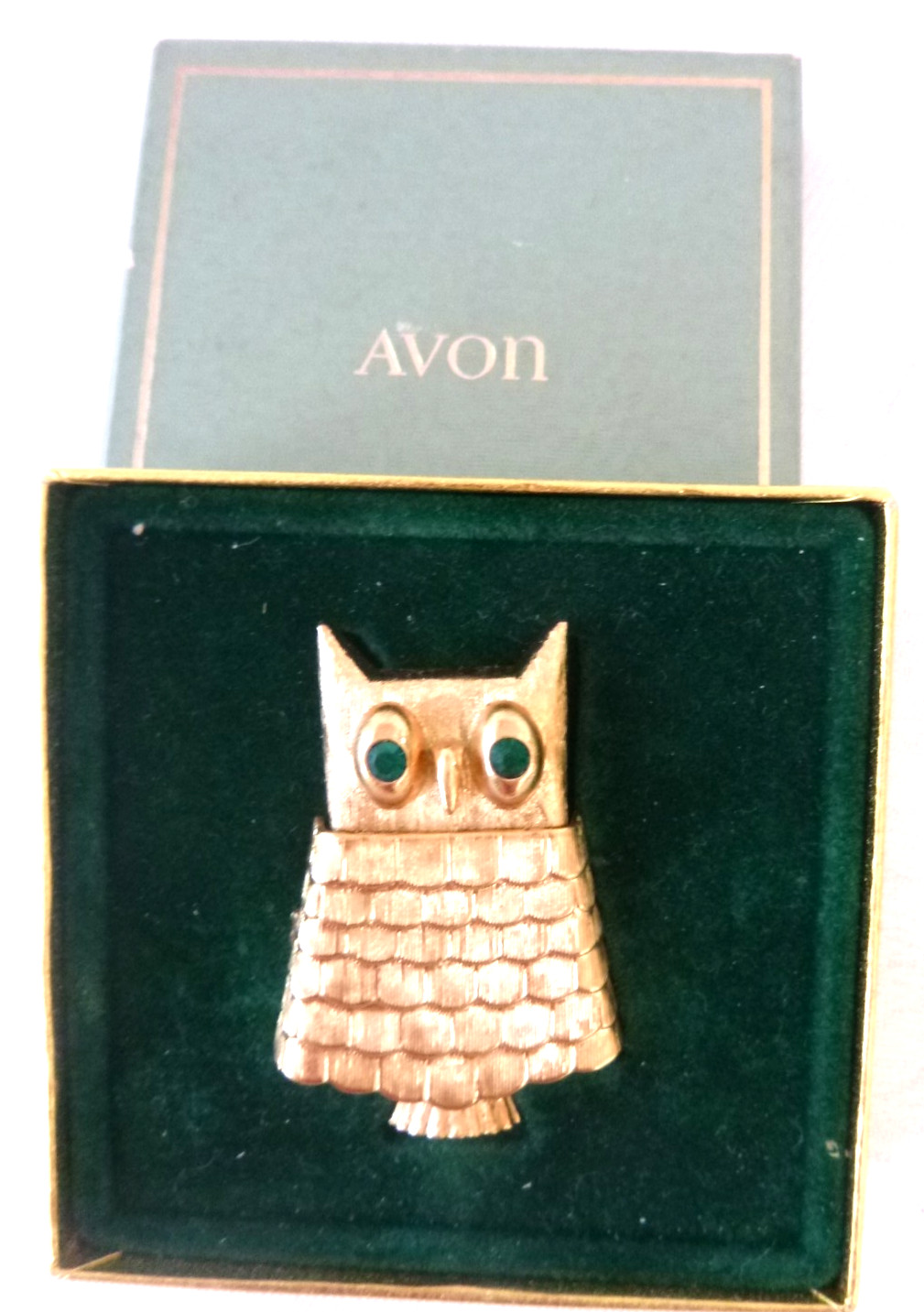 AVON 1968 Jeweled Owl Solid Perfume Pin in Box Changeable Scent Now ' BROCADE' AVON 1968 Jeweled Owl Solid Perfume Pin in Box Changeable Scent Now ' BROCADE'