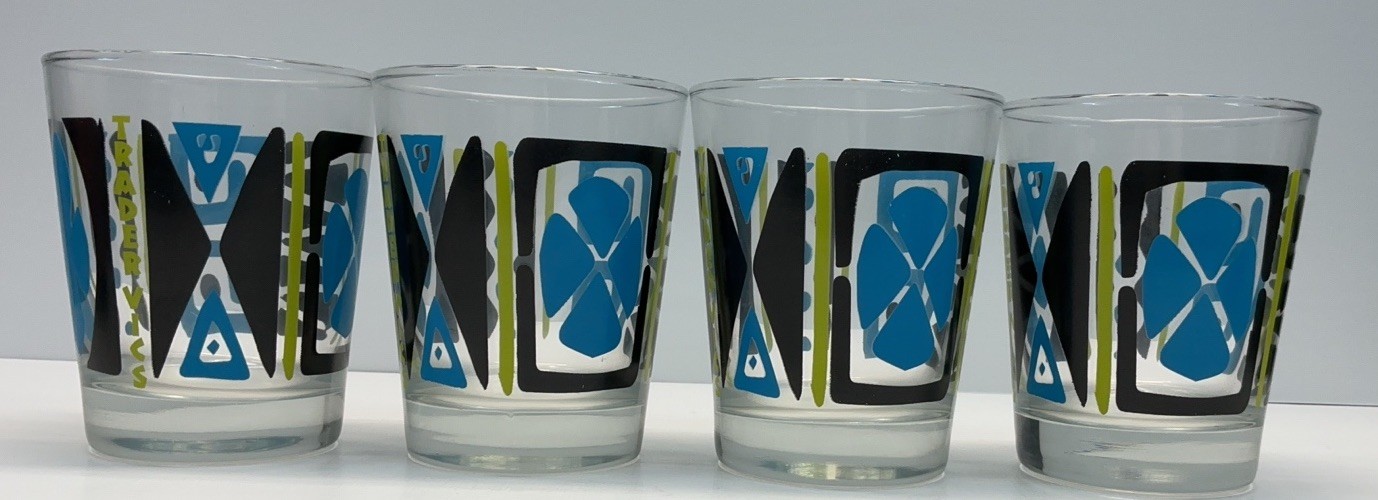 Vintage Trader Vic’s Tapa Pattern Mai Tai Glasses Blue Green Black Tiki Set Of 4