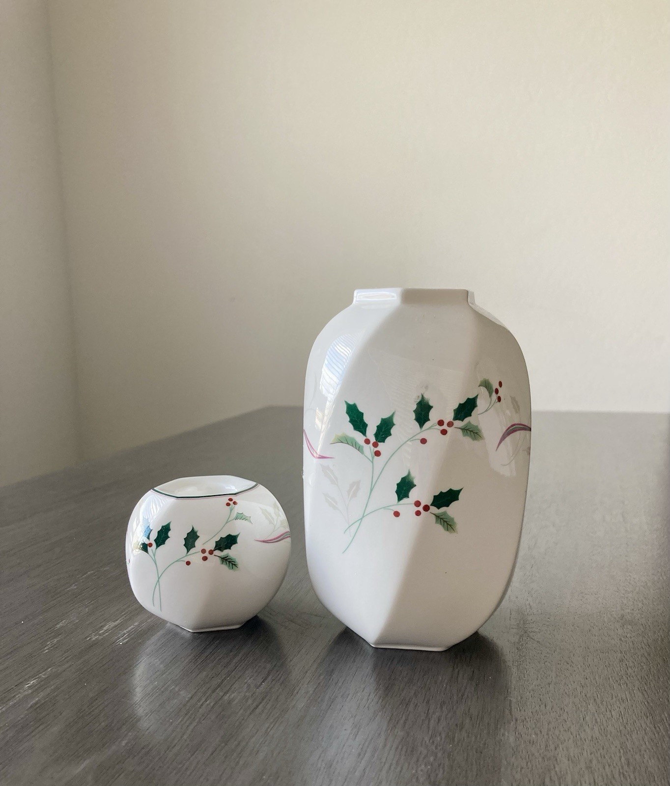 Christopher Stuart Holiday Splendor Bone China Vase & Candle Holder Holly Berry