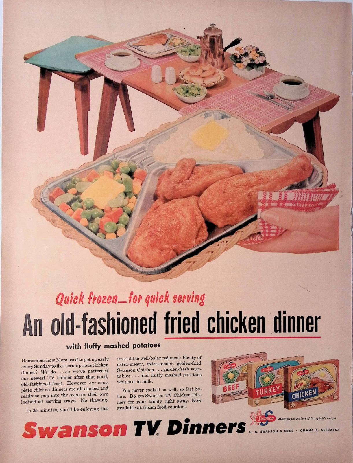 1955 Swanson TV Dinners Fried Chicken Vintage TV Dinner Print Ad Life Aug 22 1955 Swanson TV Dinners Fried Chicken Vintage TV Dinner Print Ad Life Aug 22