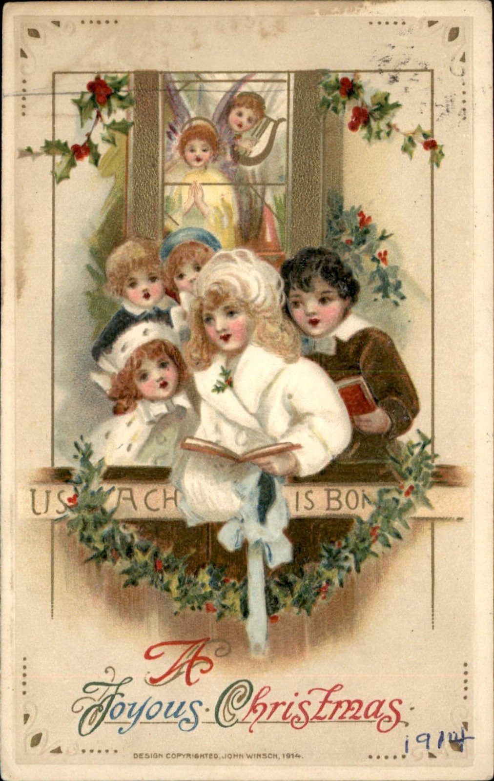 Christmas Children at Window with Angels John Winsch c1910s-20s Vintage Postcard Christmas Children at Window with Angels John Winsch c1910s-20s Vintage Postcard