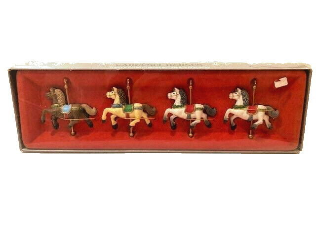 Vintage 1982 Enesco CAROUSEL HORSES Set of 4 Christmas Ornaments 