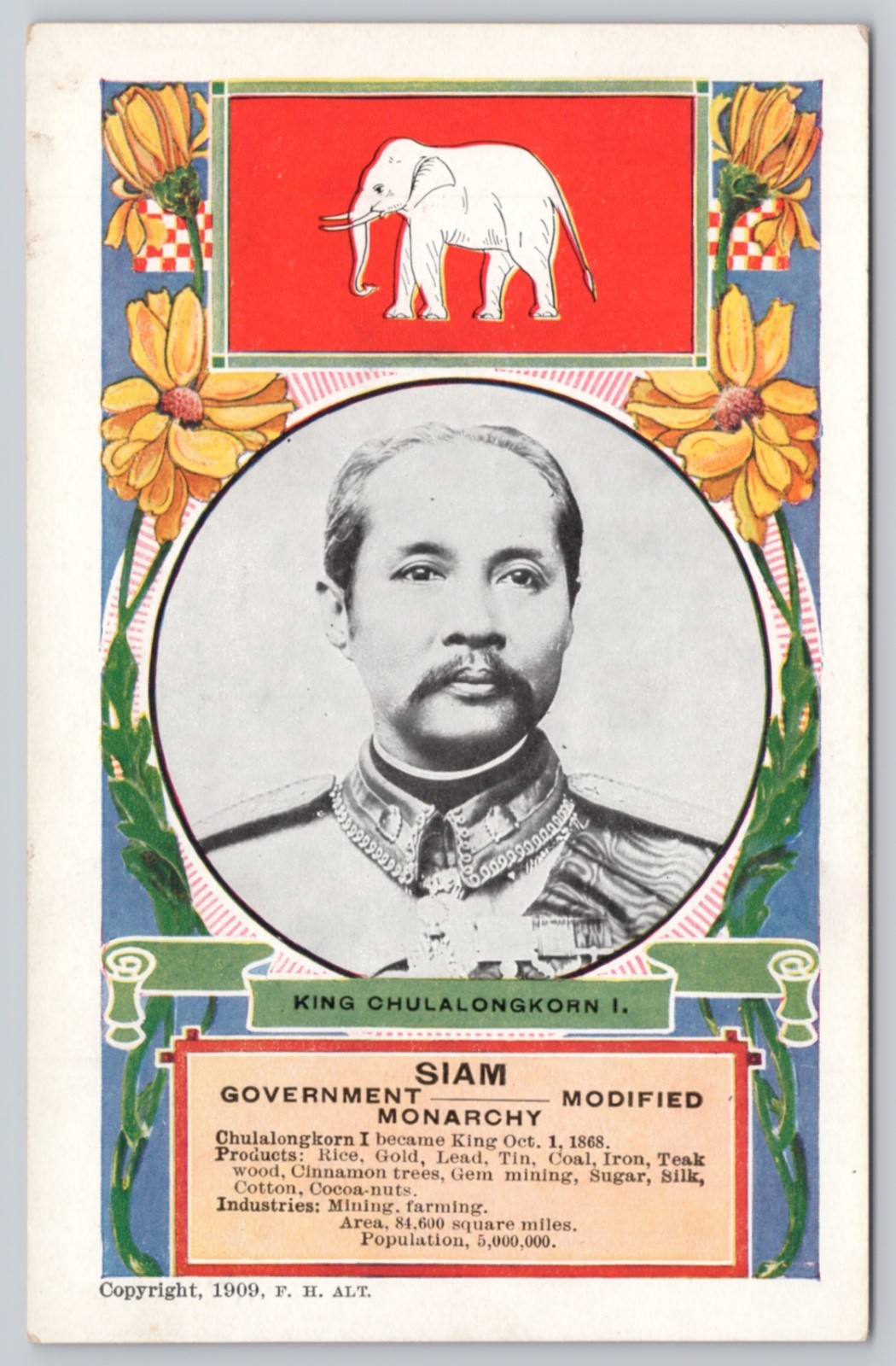 Siam King Chulalongkorn I F.H. Alt 1909 Antique Postcard Siam King Chulalongkorn I F.H. Alt 1909 Antique Postcard