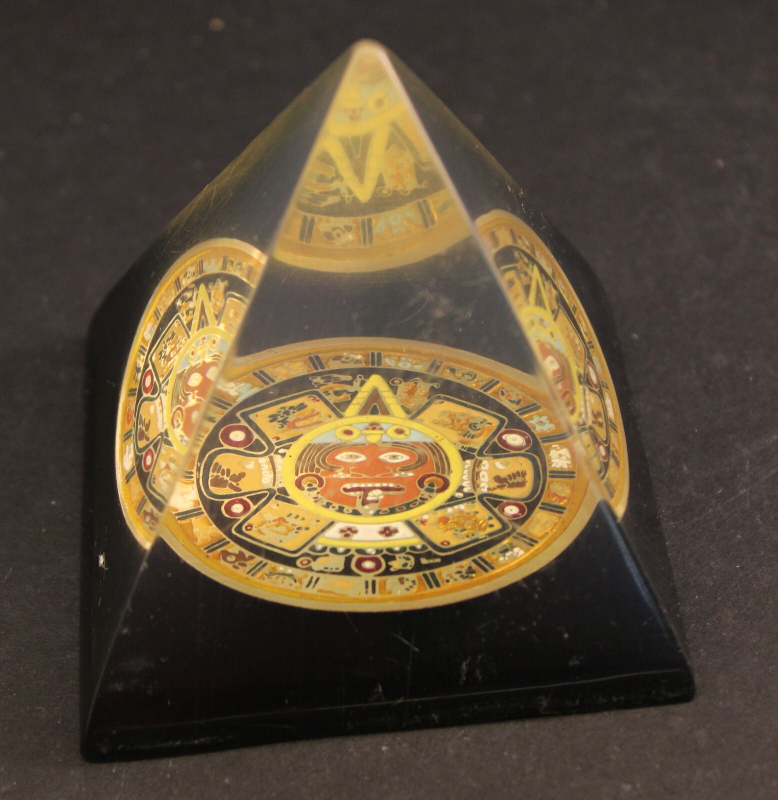 Clear Acrylic Pyramid Paperweight Aztec Mayan Calendar Inside 3\