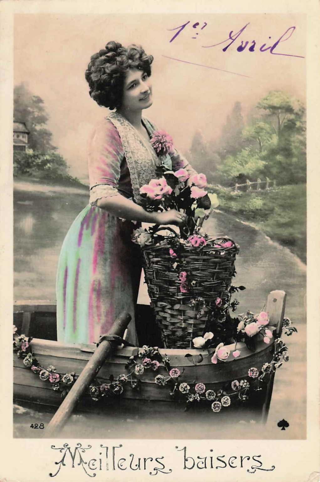 Vintage French Postcard Woman in Boat with Roses Vintage French Postcard Woman in Boat with Roses