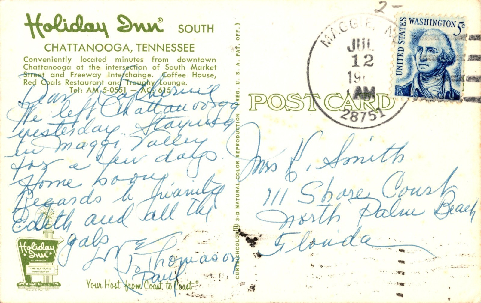 Maggie NC Postmark DPO 1904-1974 Holiday Inn Chattanooga Postcard