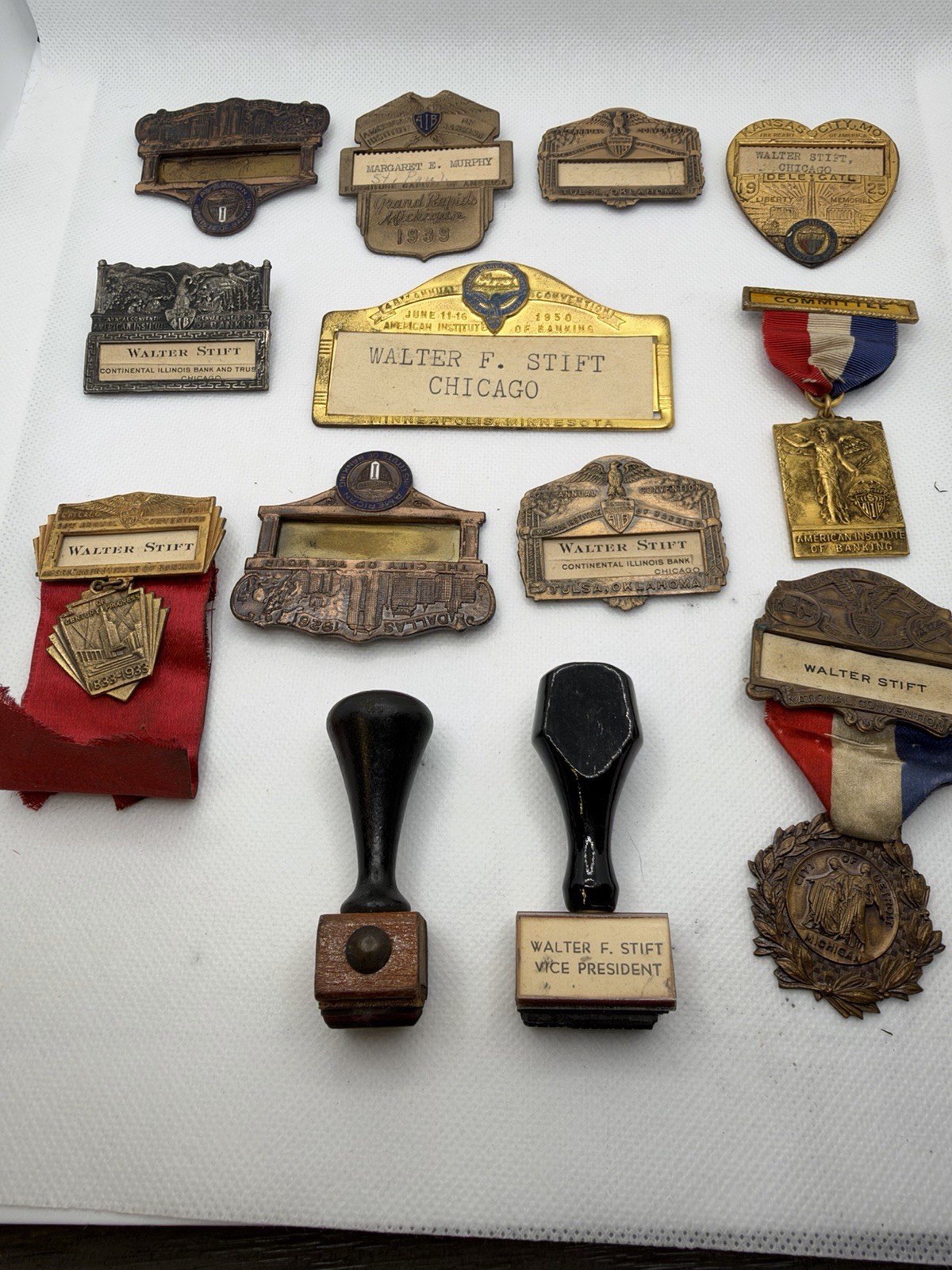Vintage American Institute of Banking Badge Lot - 1920s Convention Pins & Stamps