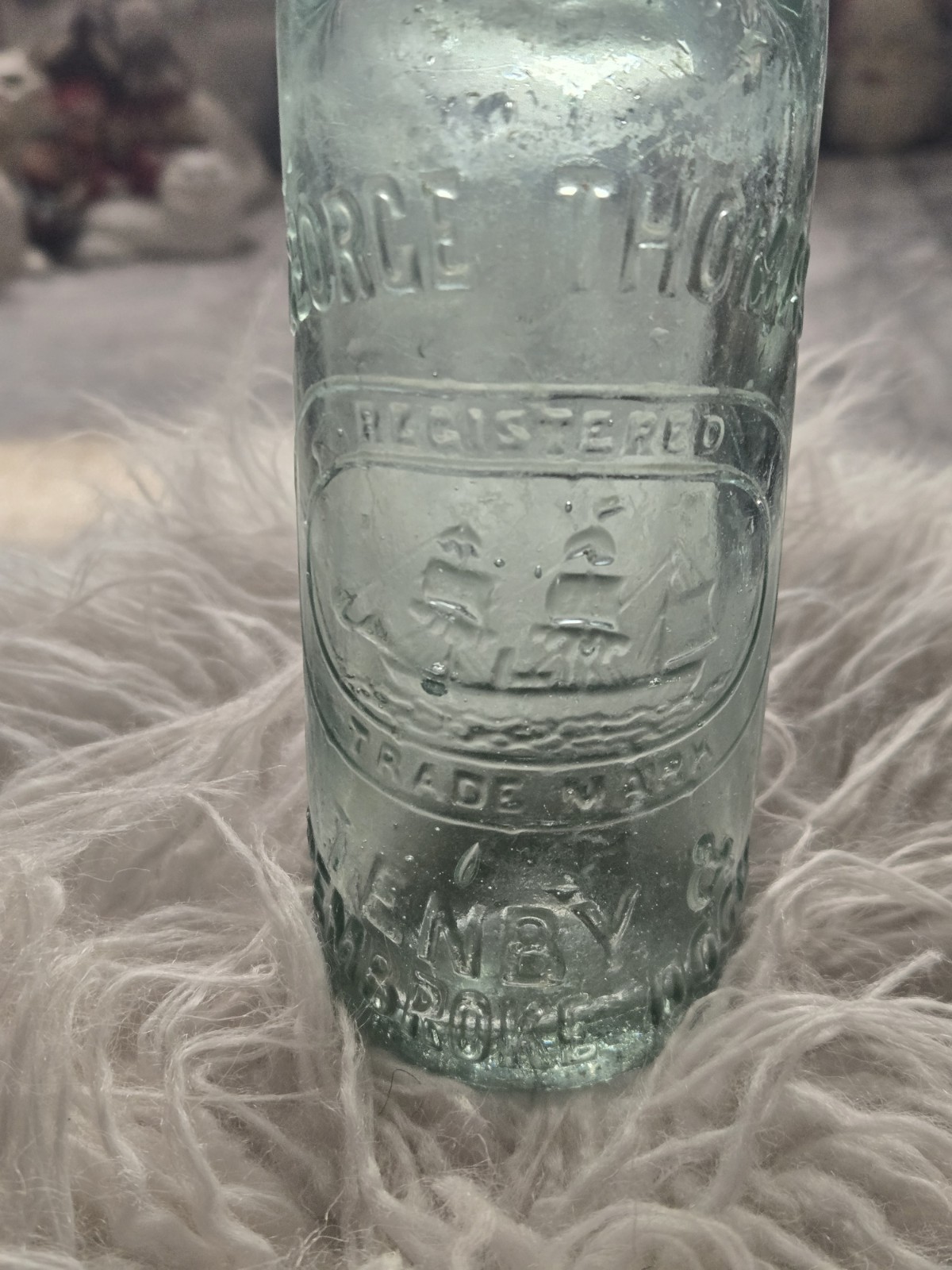 ANTIQUE CODD BOTTLE SAILING SHIP PICTORIAL GEORGE THOMAS 12 OZ AQUA BOTTLE c1890