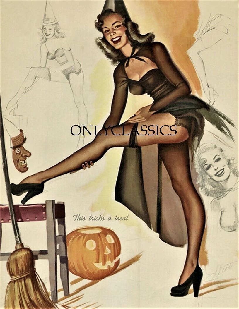 1950 Halloween Witch Freeman Elliott Artist's Sketch Pad Print Pin-Up Cheesecake