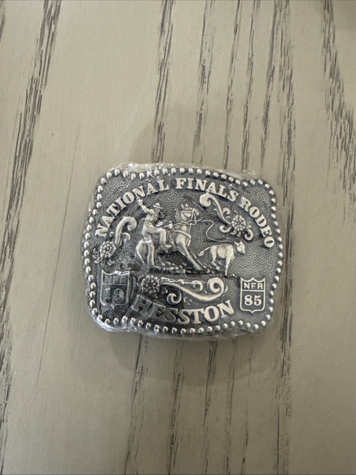Vintage NFR 1985 Hesston Belt Buckle Calf Roper Cowboy National Finals Rodeo NOS