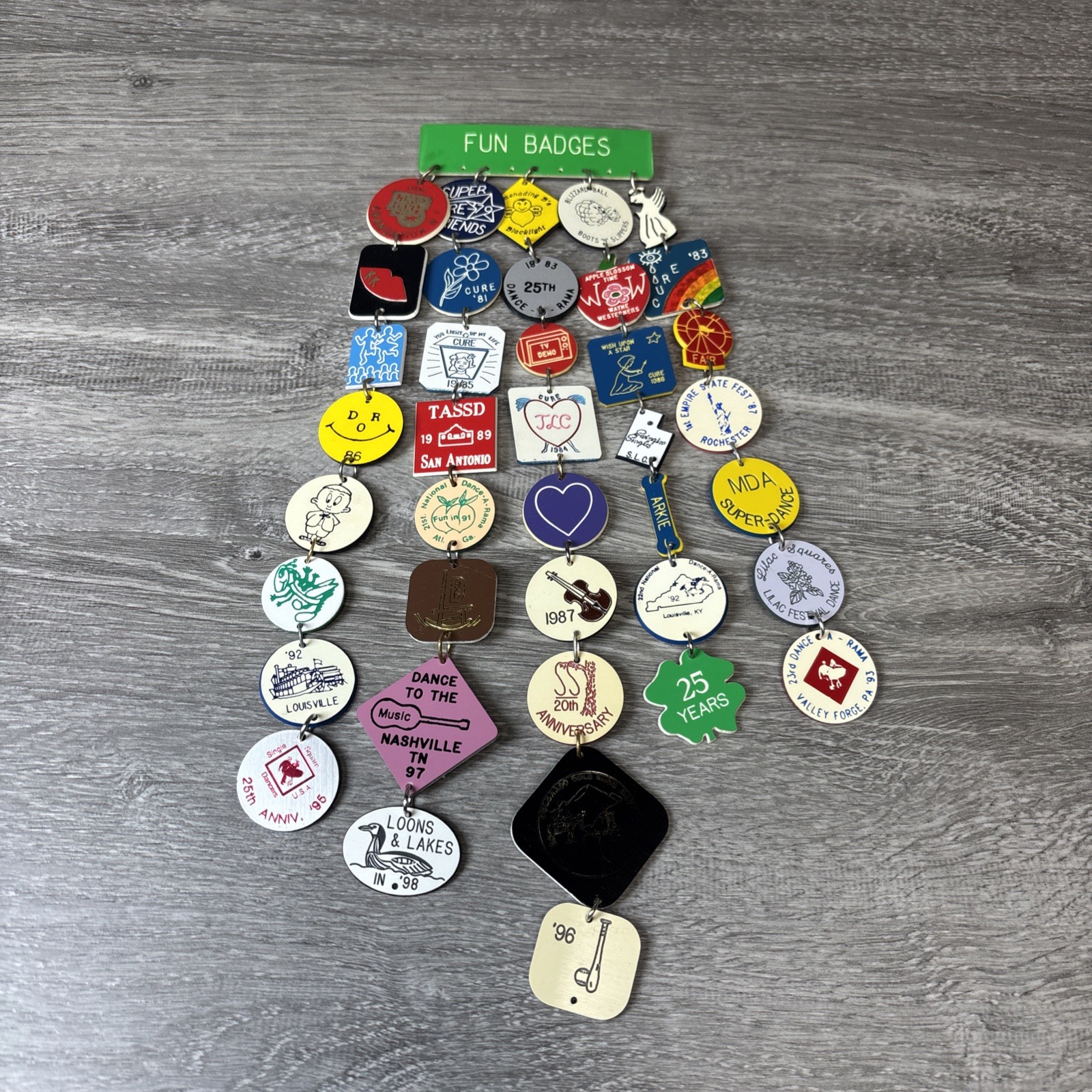 Vintage Fun Dangles Hanging Tags Lot Of 39 Fun Badges Dance Cure Wish Variety