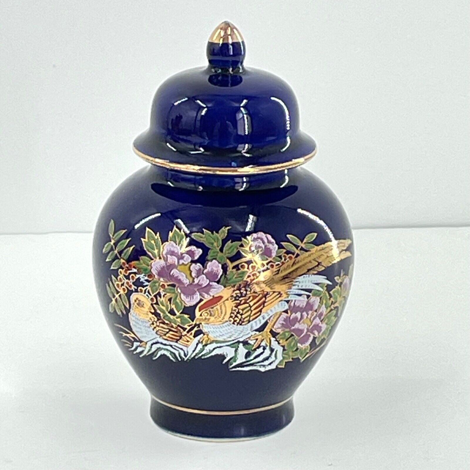 Cobalt Blue 4.5in Tall Lidded Ginger Jar Lady Angela Japan Floral Birds Cobalt Blue 4.5in Tall Lidded Ginger Jar Lady Angela Japan Floral Birds