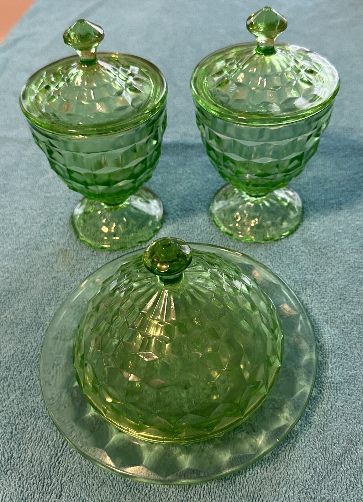 Vtg Jeanette Cubed Butter Dish And 2 Footed Candy Dishes, All With Lids Uranium Vtg Jeanette Cubed Butter Dish And 2 Footed Candy Dishes, All With Lids Uranium