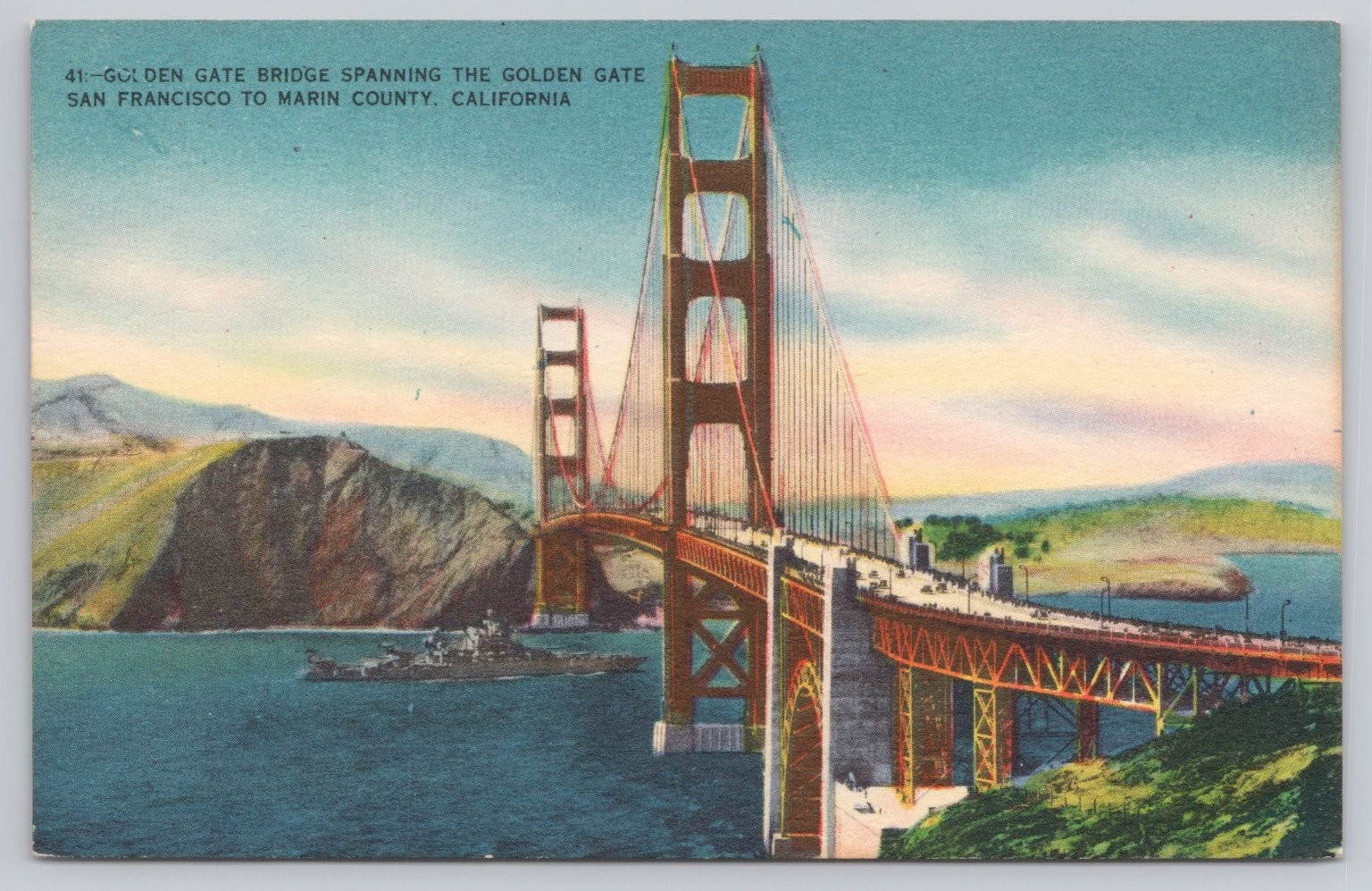 Vintage Golden Gate Bridge Postcard, Battleship, San Francisco CA