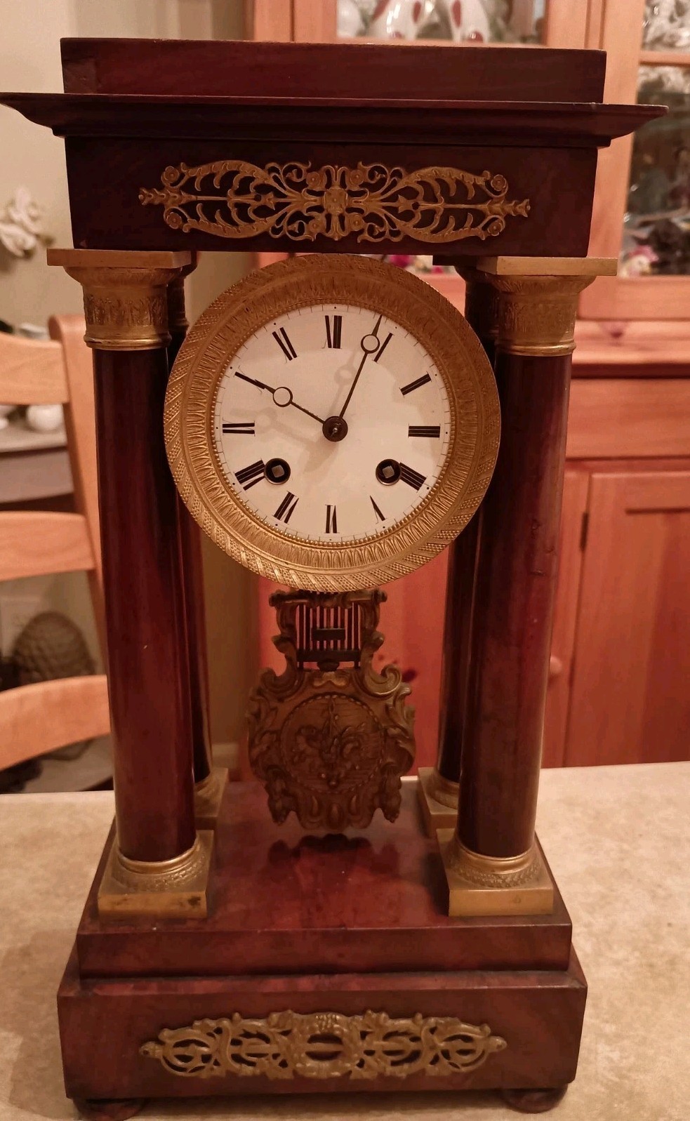 Charles X French Gilt Bronze Portico Clock W/ Key, WORKS Advances, Chimes,*Read Charles X French Gilt Bronze Portico Clock W/ Key, WORKS Advances, Chimes,*Read