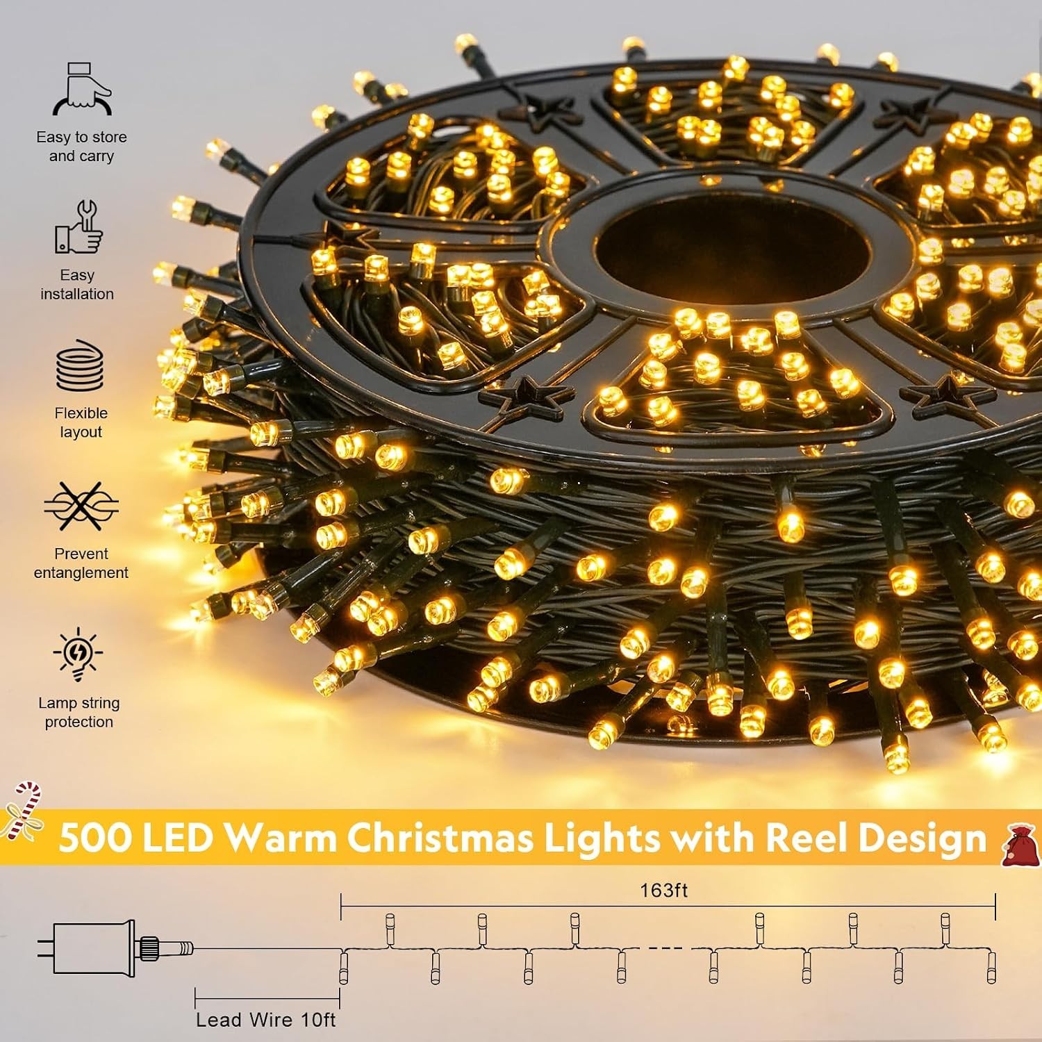 JMEXSUSS 500 LED Christmas Lights Outdoor, 173ft String Warm White, 8-Modes
