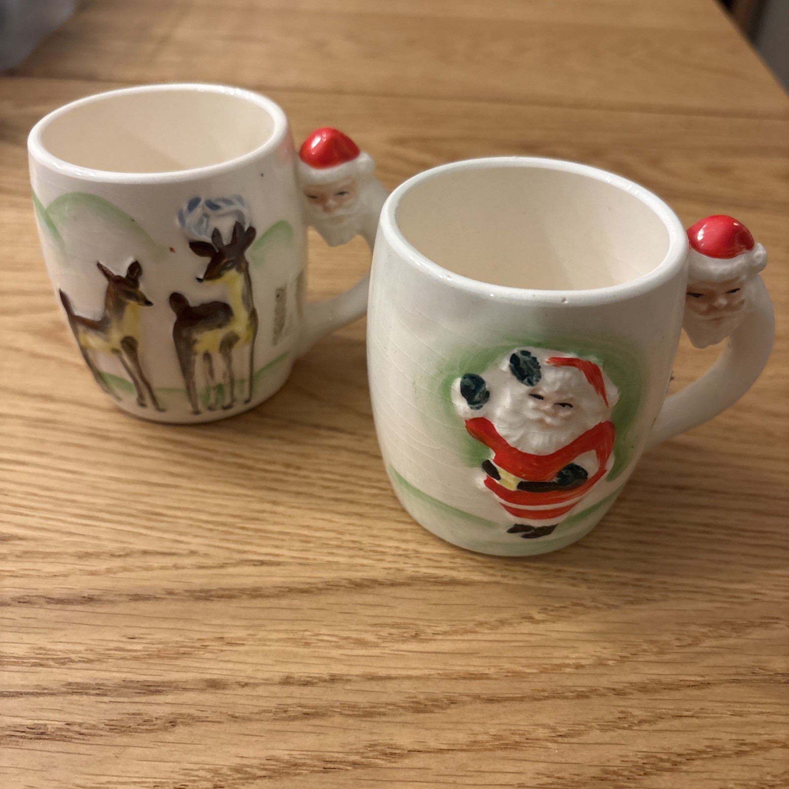 Vintage Lefton Japan Christmas Santa Handle Reindeer Mugs #2019 Set of 2