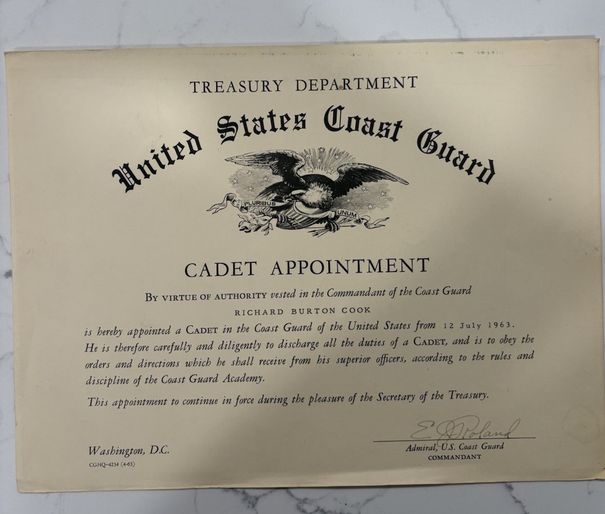 Vintage 1963 US Coast Guard Cadet Appointement Certificate Signed Adm E.J Roland