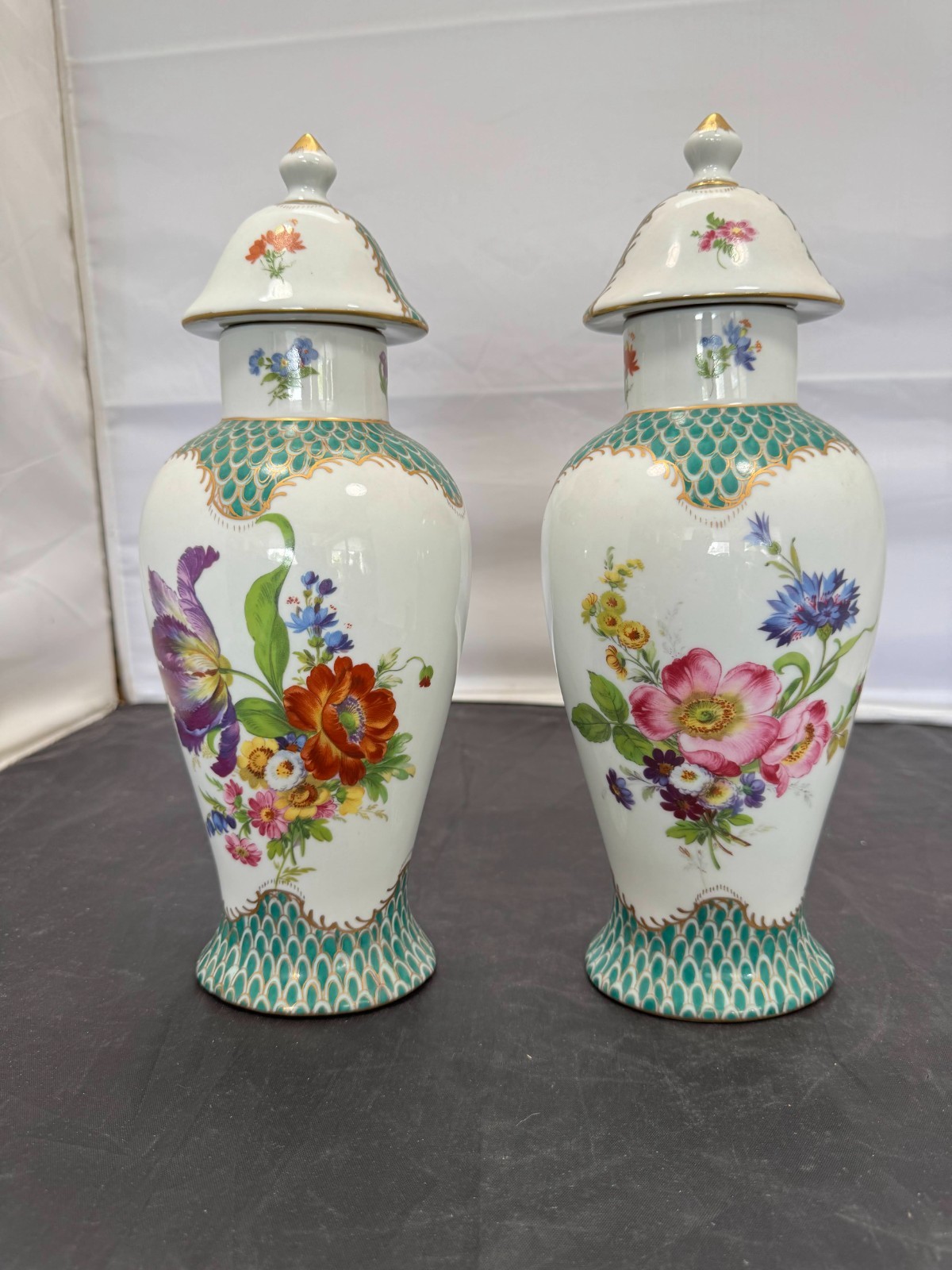 Pair Royal Europe Hand Painted Porcelain Lidded Vase Chinoiserie Green Scale Urn