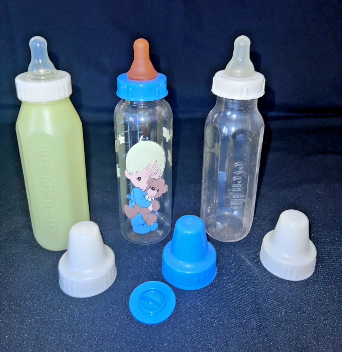 Set Of 3 Vintage Baby Bottles EVENFLO Plastic & Precious Moments 8oz