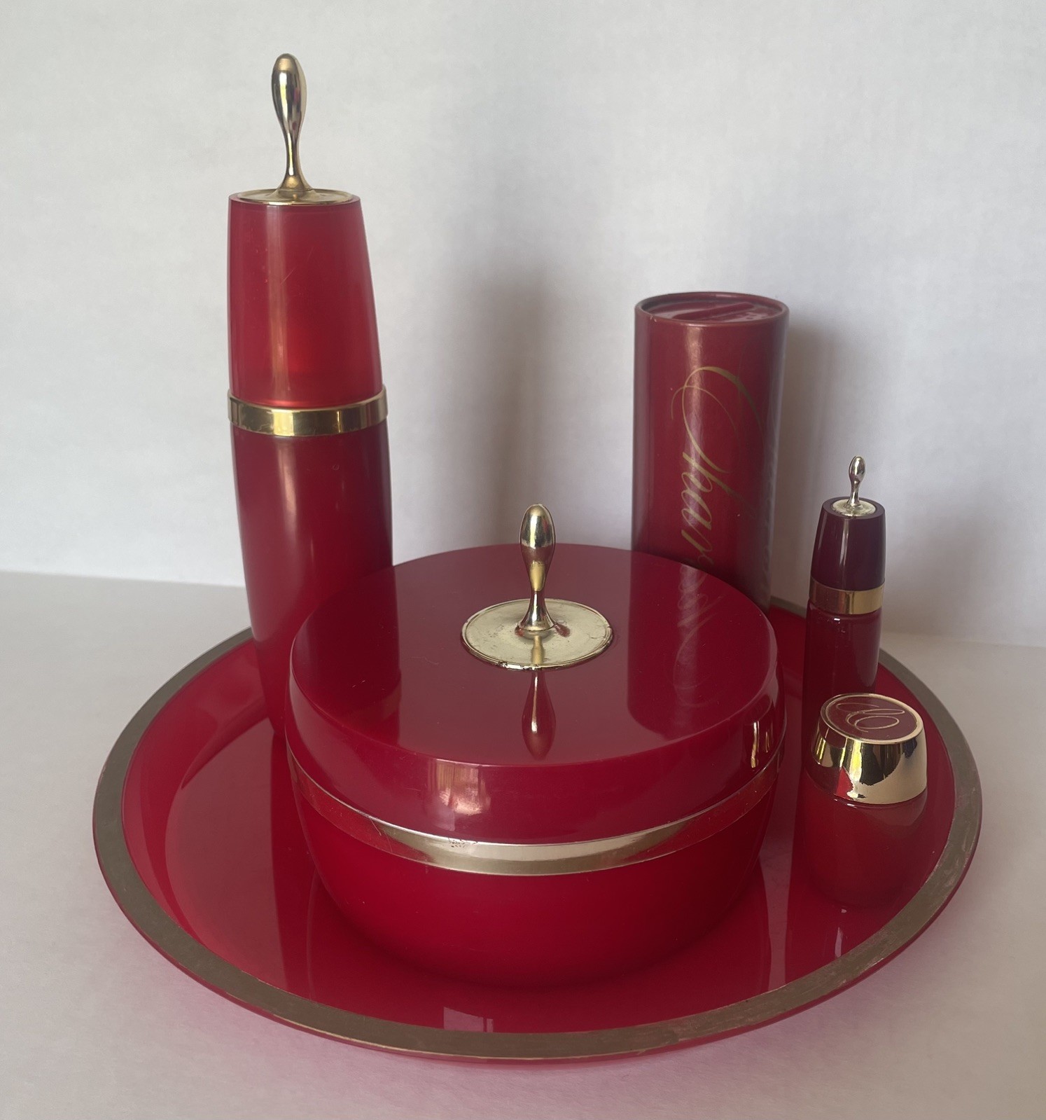 Vintage Avon Charisma Bottles & Tray Perfume Red. Rollette-full, talc over half