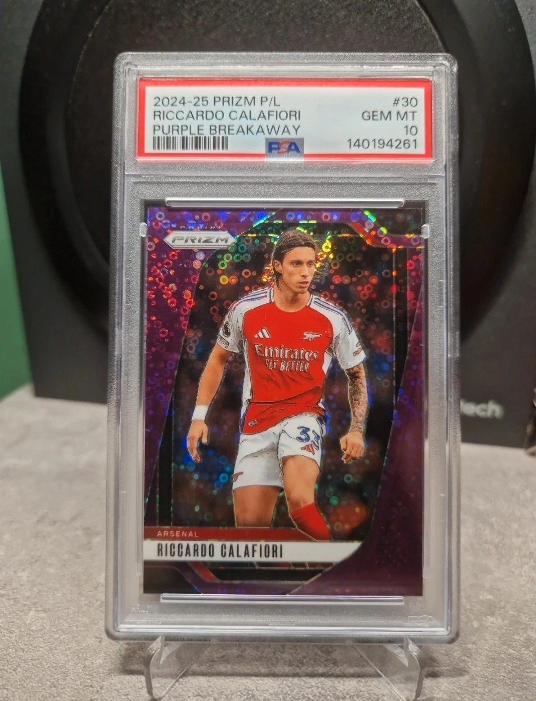 2025 Panini Prizm PL Riccardo Calafiori Arsenal Purple Breakaway #30 /25 PSA 10