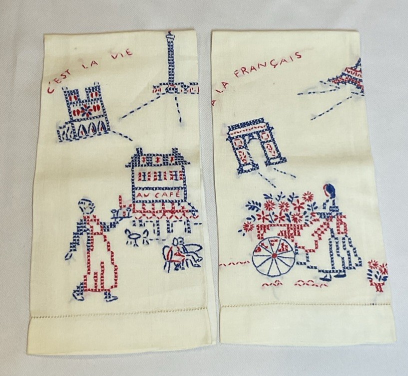2 Vtg C’est La Vie Cross Stitch Hand Embroider Napkins Towels French Cottagecore 2 Vtg C’est La Vie Cross Stitch Hand Embroider Napkins Towels French Cottagecore