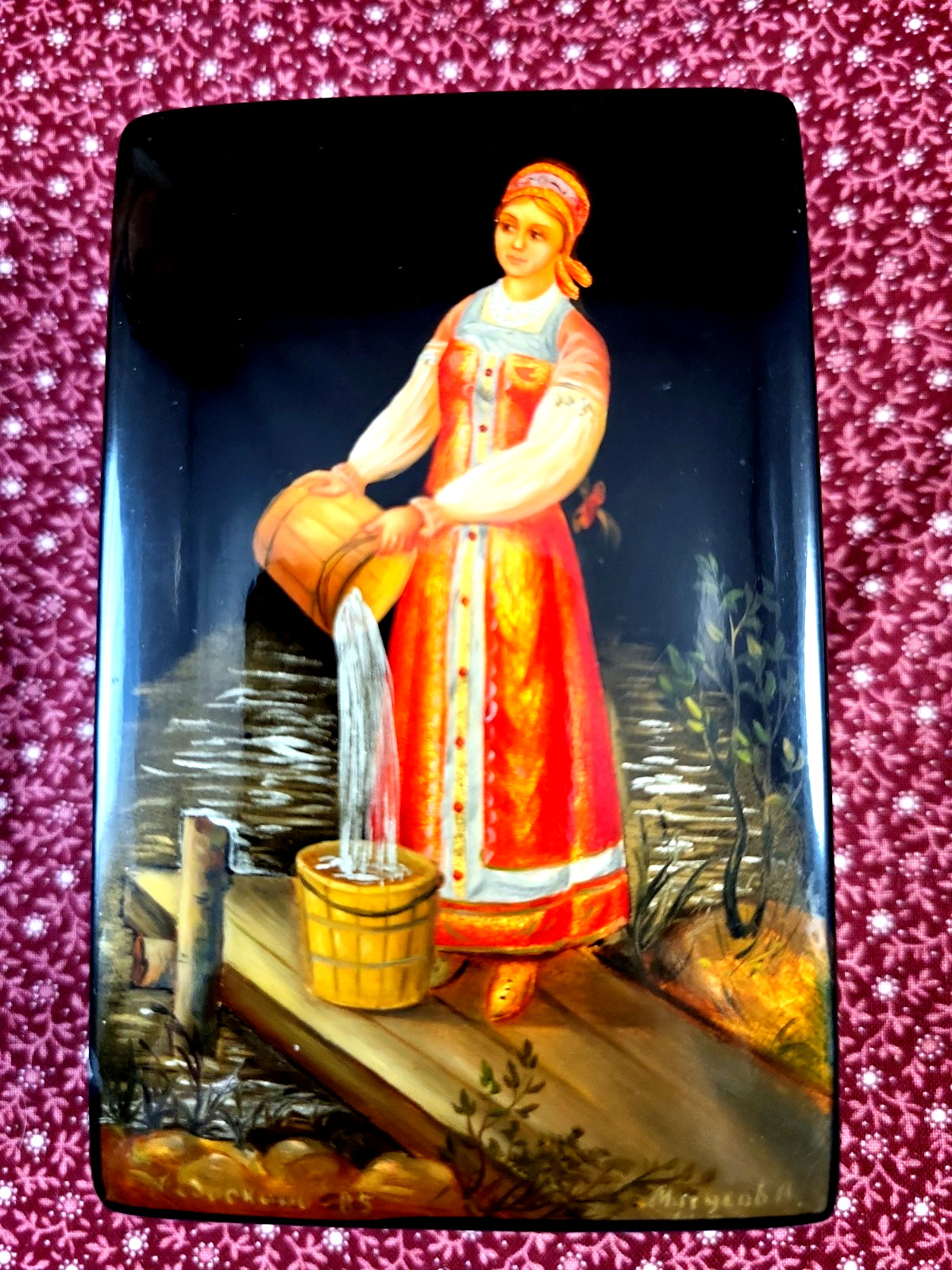 Vintage 1985 Russian Fedoskino Lacquer Box-Water Bearer Signed A. Mityukova USSR