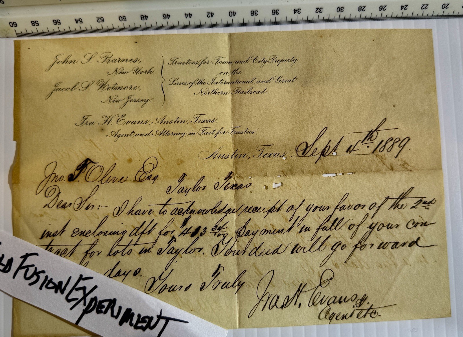 Sheriff John T Olive September 4, 1889 IGN Railroad Trustee Ira Evans Taylor Lot Sheriff John T Olive September 4, 1889 IGN Railroad Trustee Ira Evans Taylor Lot