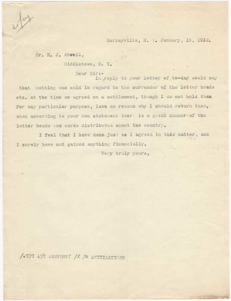 1912 Letter About Surrender of Letterheads & Why That's Not Going to Happen