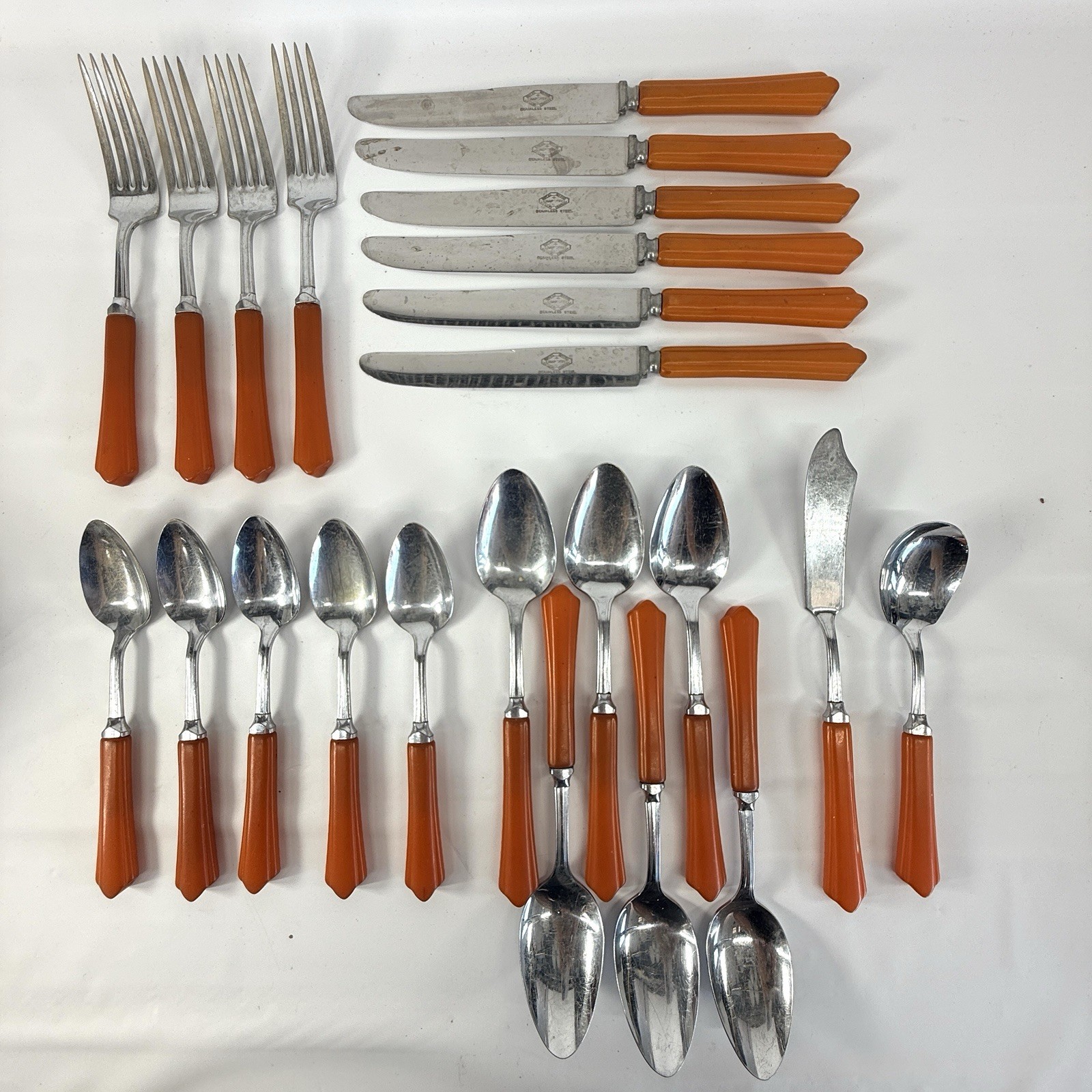 Vintage NS Perma Brite Burnt Orange Flatware Set Bakelight? MCM Art Deco 23 pc