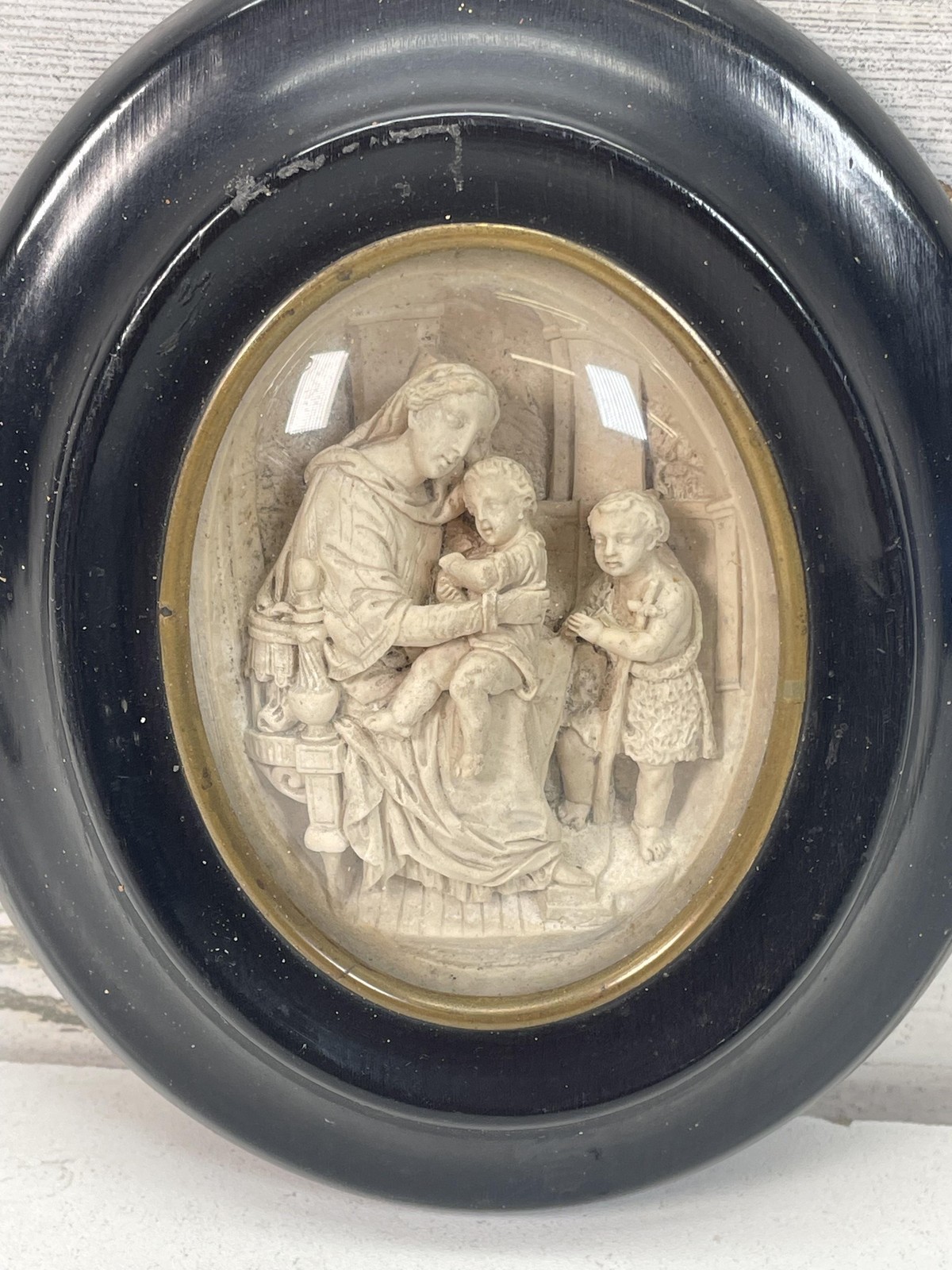 Antique 19th C Carved Madonna Child St John Round Plaque Framed Under Glass Antique 19th C Carved Madonna Child St John Round Plaque Framed Under Glass