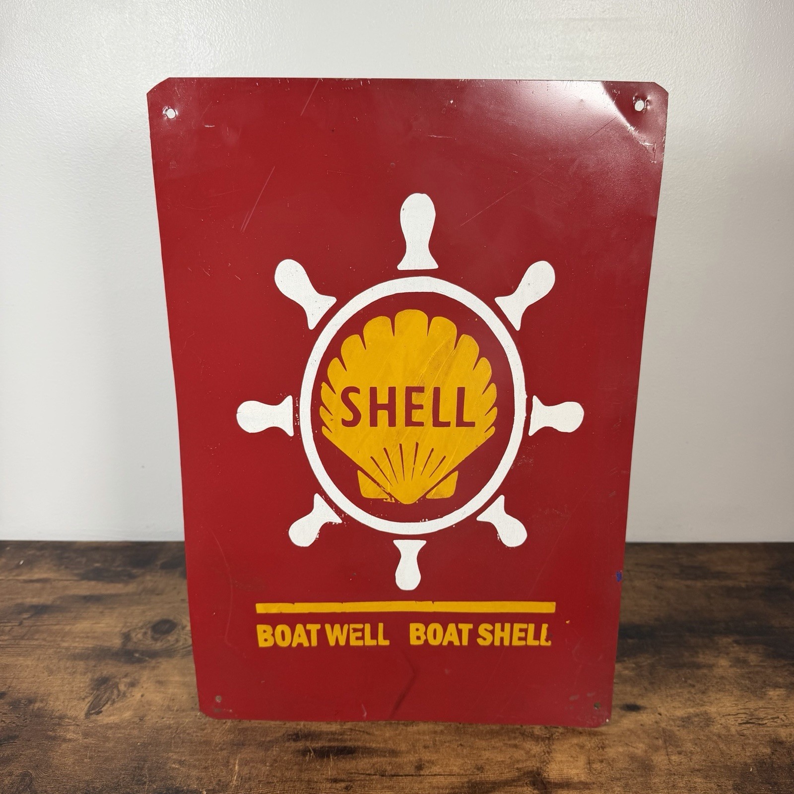 VTG Shell Metal Sign “Boat Well Boat Shell” Ship's Wheel Logo Marinas Nautical VTG Shell Metal Sign “Boat Well Boat Shell” Ship's Wheel Logo Marinas Nautical