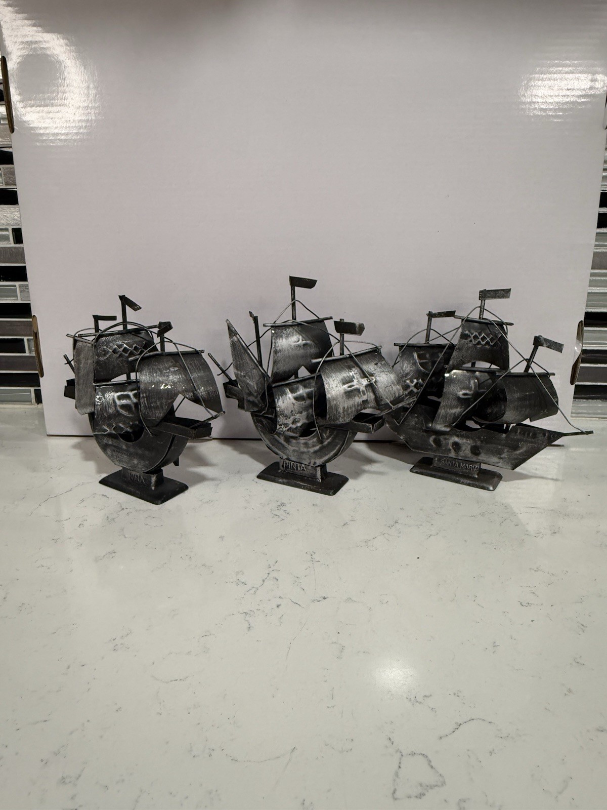 Vintage Nina Pinta Santa Maria Metal Ship Set Columbus Nautical Decor