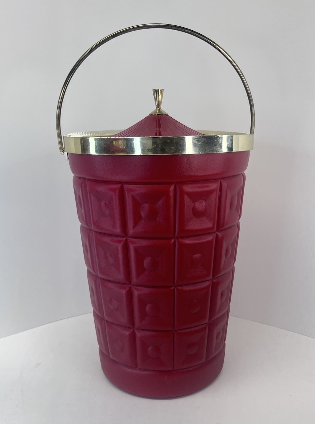 Vintage MCM Lustro Ware Red Faux Tufted Ice Bucket Wine Chiller