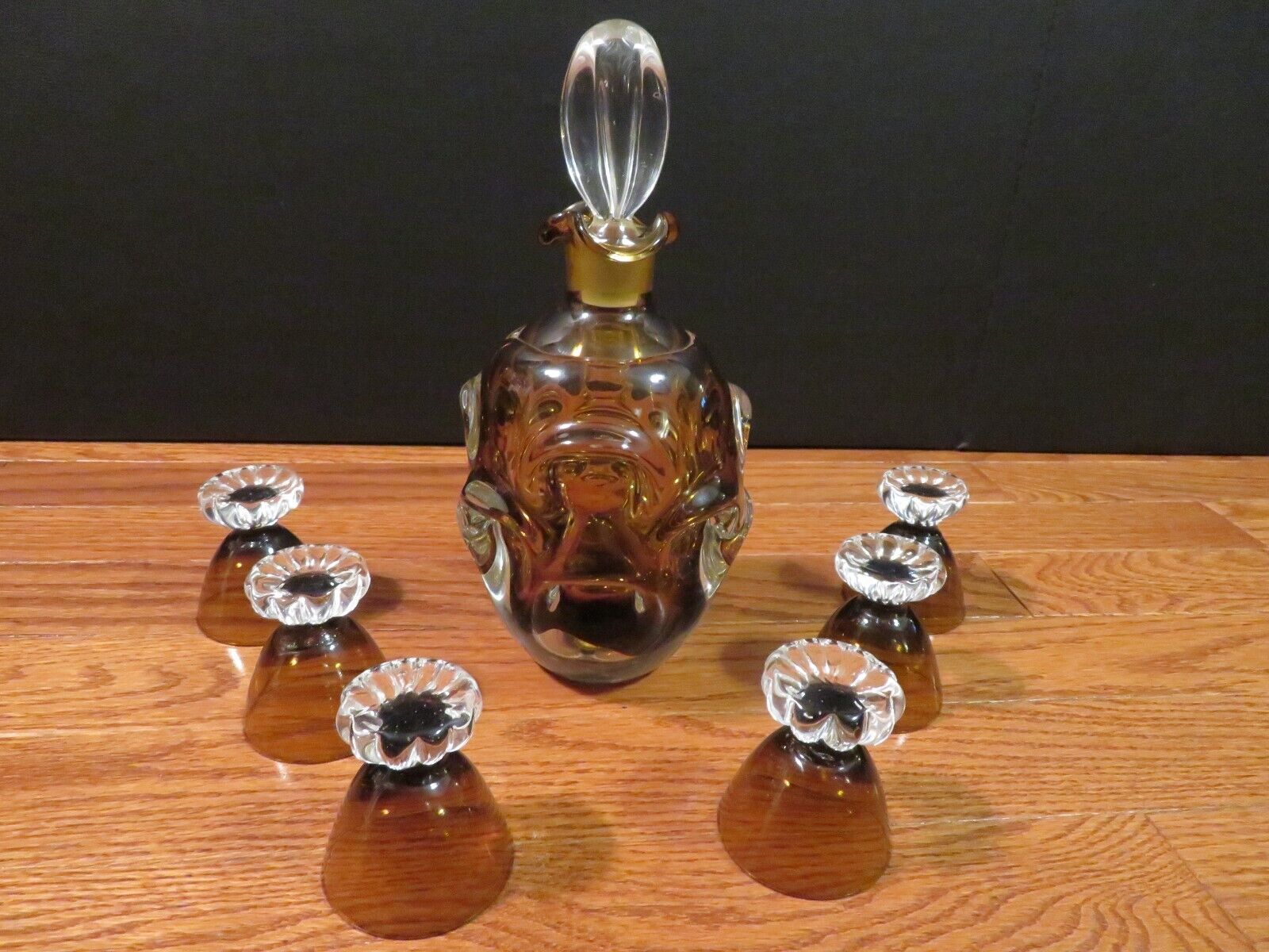 1960\'s Bo Borgstrom Vintage Amber Decanter Set W 6 Shot Glasses Art Deco Glass