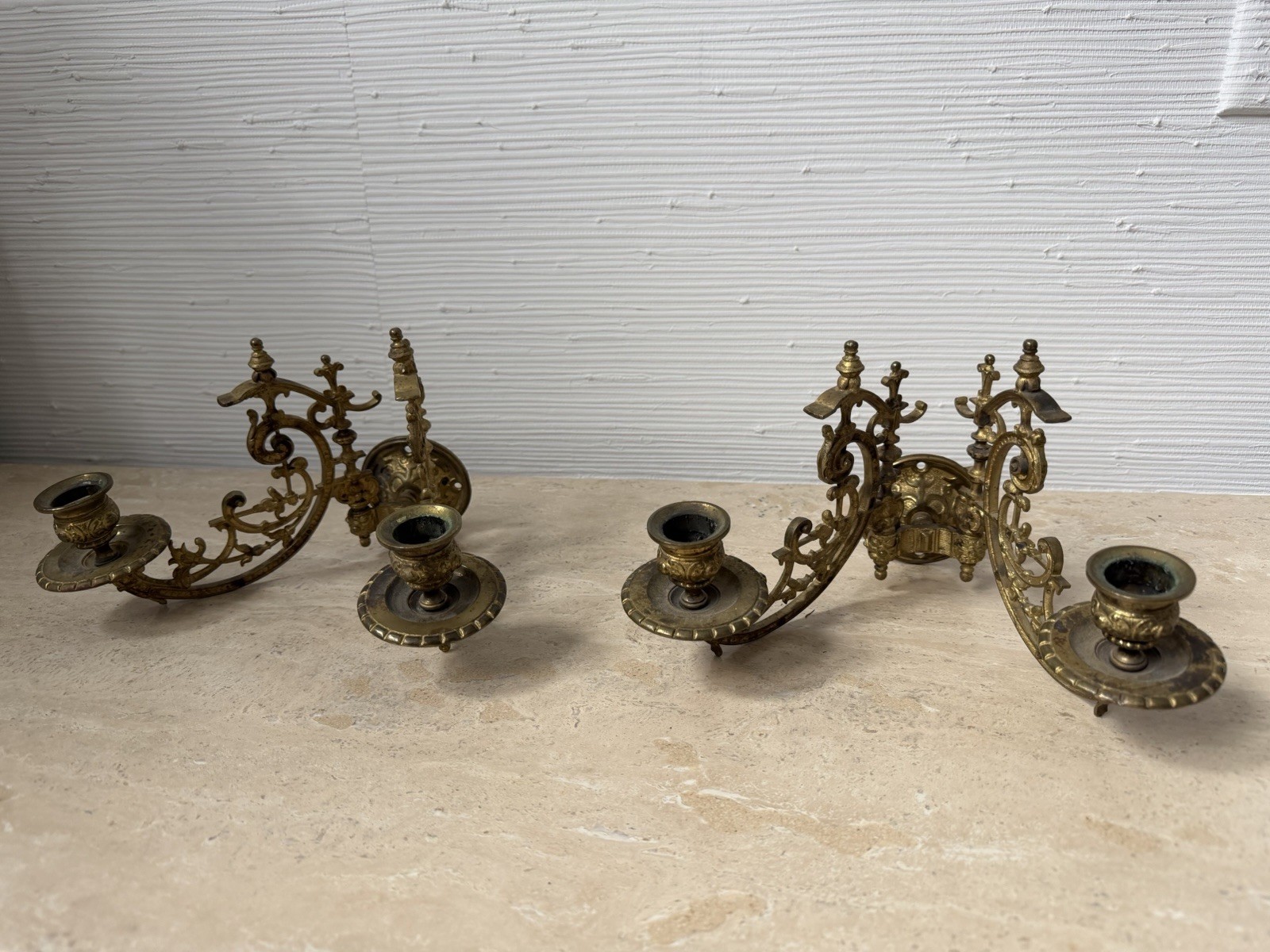 Antique Gilt Brass Pair Piano Sconces Swivel Arm Wall Candle Holders