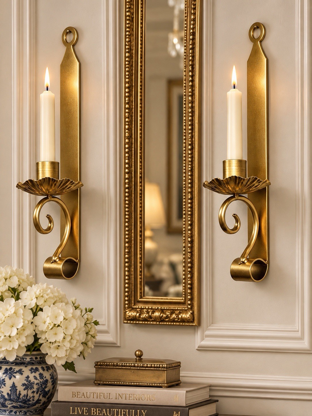 2 VTG Gold Iron Floral Scroll Wall Sconces Taper Candle Holder Hollywood Regency