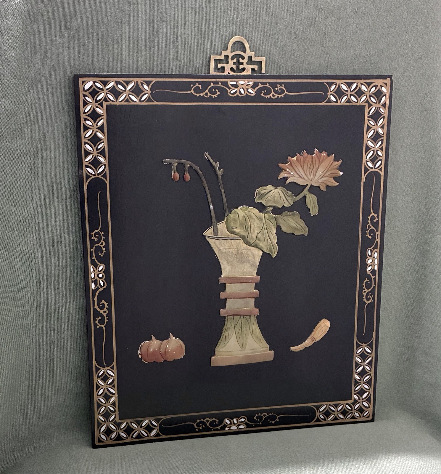 Vintage Black Lacquer Asian-Inspired Floral Wall Art with Inlay
