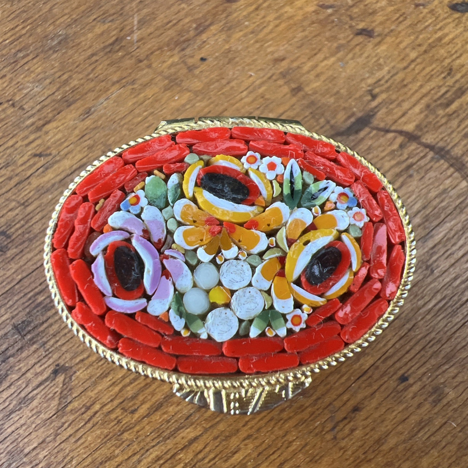 Vintage Italian Micro Mosaic Pill Box or Trinket Holder red & Floral 