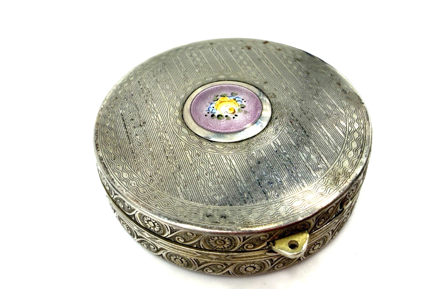 Vintage Compact Enamel Guilloche Round Mirror Puffs