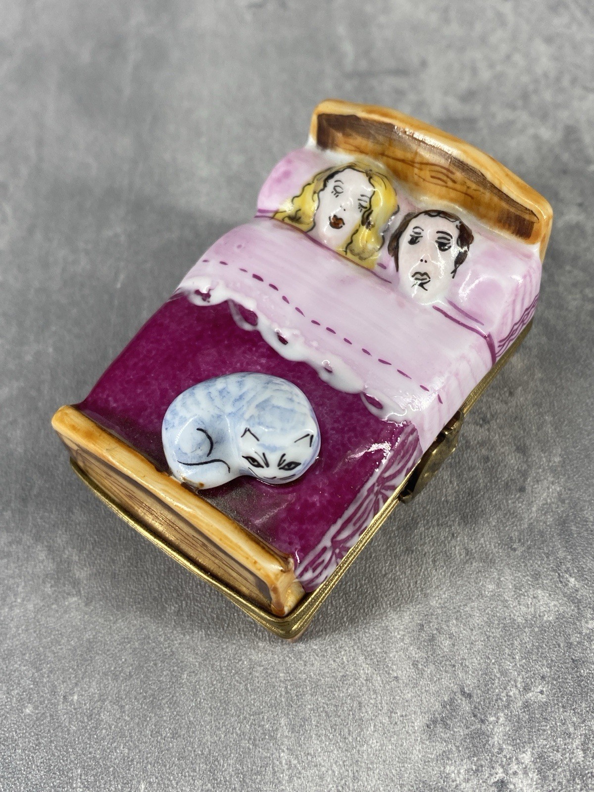 L.T. Limoges France Hand Painted Enamel Trinket Box Couple In Bed w/ Cat EX+