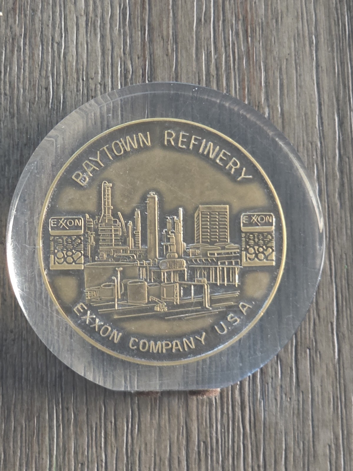 VTG Rare Acrylic Paperweight Baytown Texas Oil Refinery Exxon Mobile