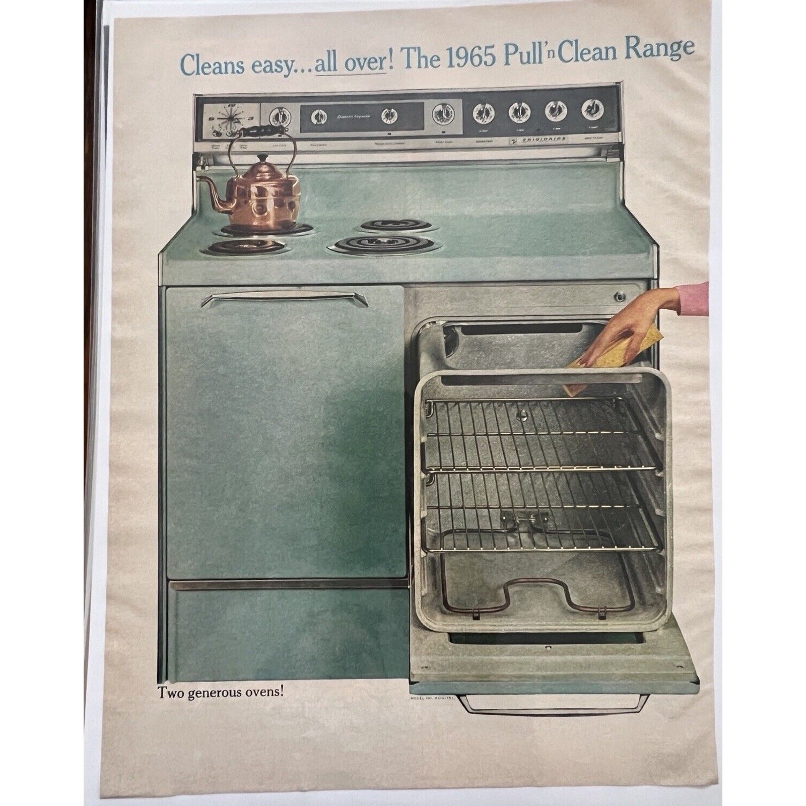 Vtg 1960s Aqua Blue Frigidaire Range Stove Pull \'N Clean MCM Kitchen Print Ad
